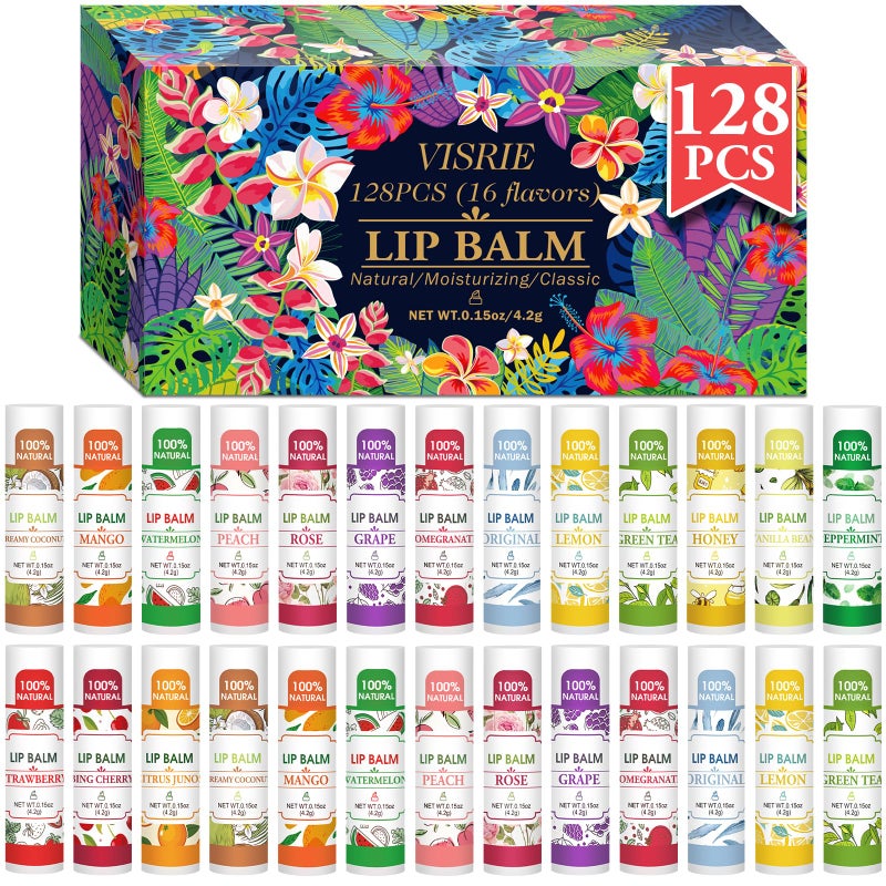 VISRIE 128 Pack Lip Balm Natural Lip Balm Bulk with Vitamin E and Coconut Oil Bulk Moisturizing Lip Balms for Dry Lips16 Flavors