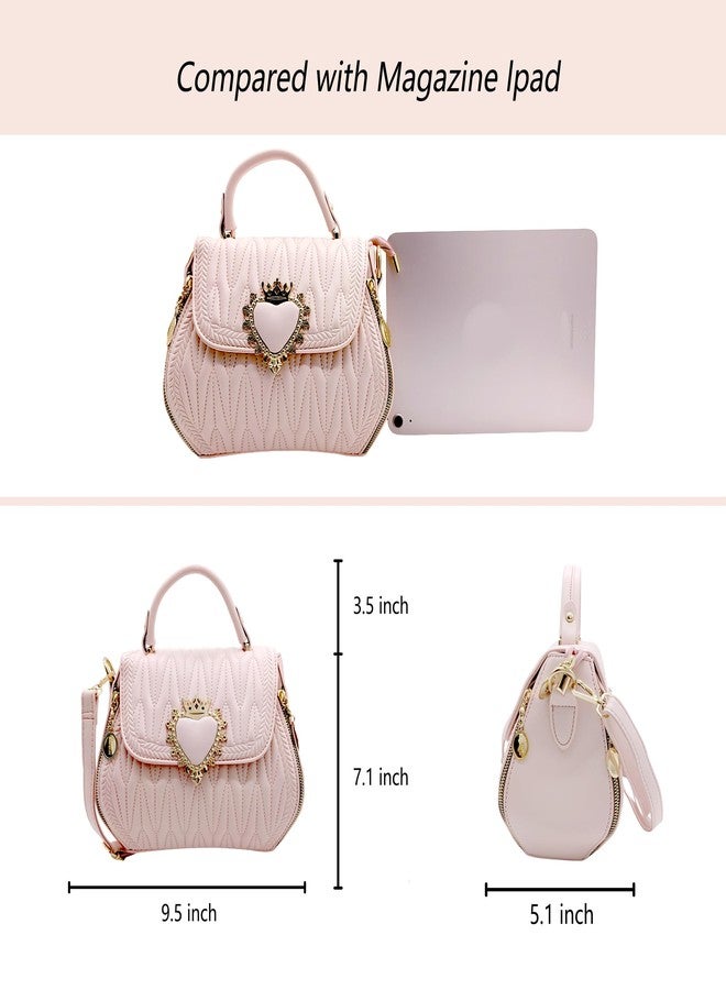SURPRISE PIE Women Leather Quilted Handbag Top Handle Satchel Bag with Heart Crown Decoration(Pink) - Image 3