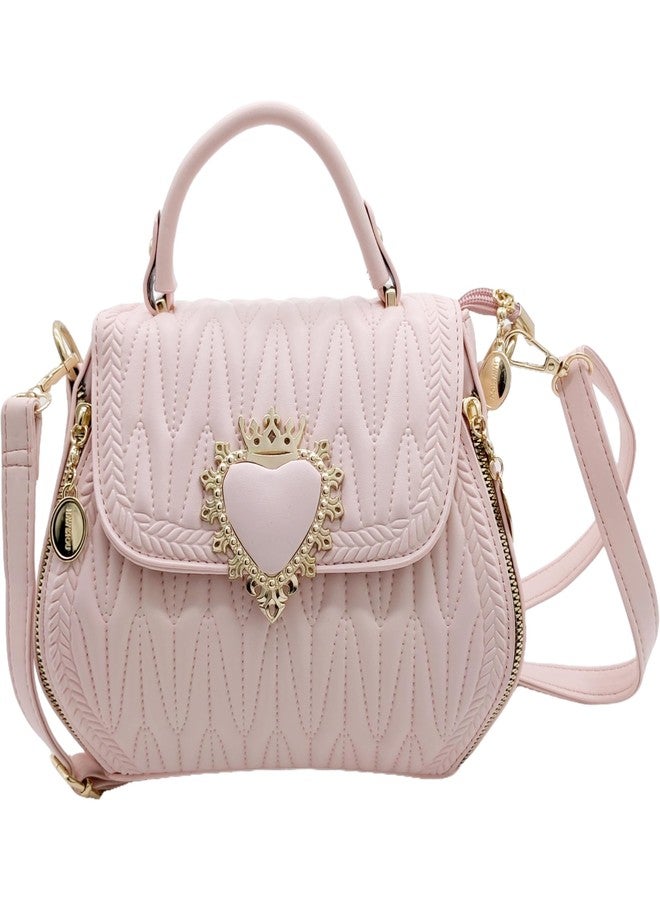 SURPRISE PIE Women Leather Quilted Handbag Top Handle Satchel Bag with Heart Crown Decoration(Pink) - Image 1