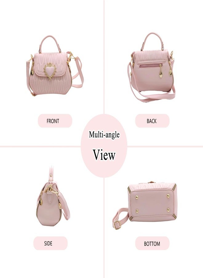 SURPRISE PIE Women Leather Quilted Handbag Top Handle Satchel Bag with Heart Crown Decoration(Pink) - Image 2
