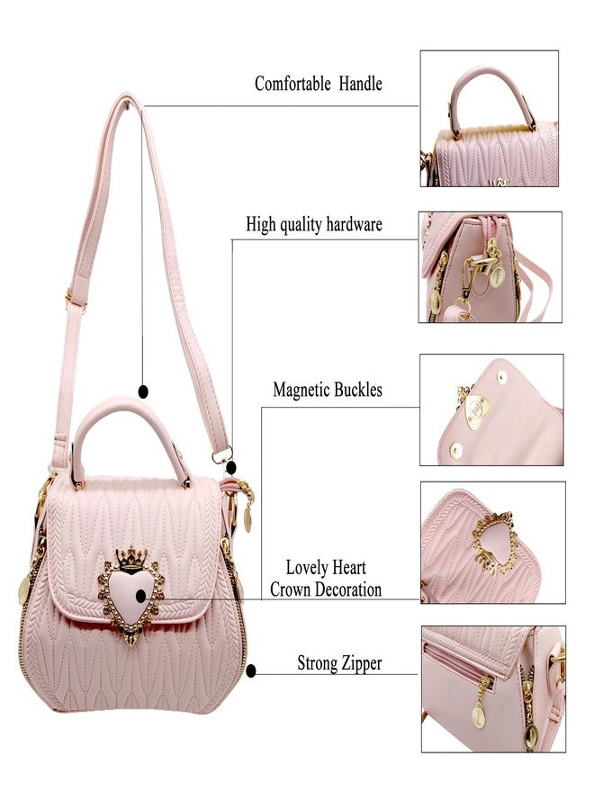 SURPRISE PIE Women Leather Quilted Handbag Top Handle Satchel Bag with Heart Crown Decoration(Pink) - Image 4