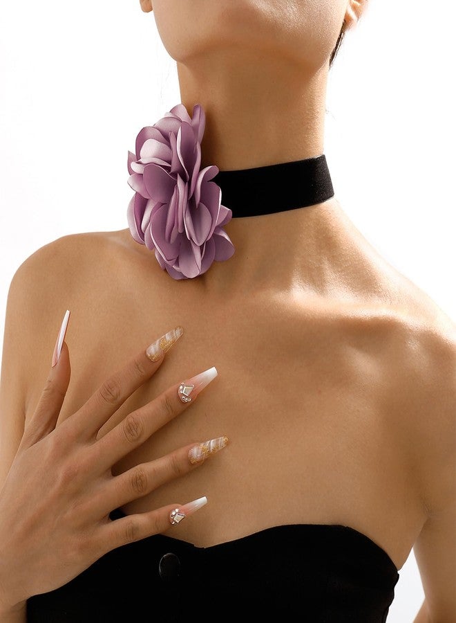 FUTIMELY Flower Velvet Choker Necklace for Women,Vintage Big Satin Floral Rosette Necklace Artificial Gentle Bride Wedding Exaggerated Jewelry (Purple) - Image 2