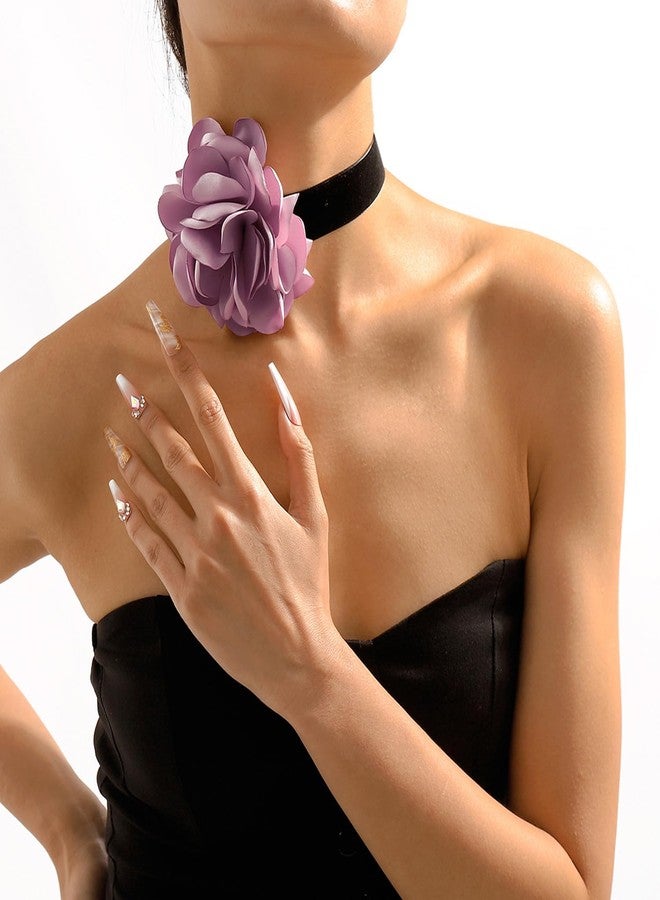 FUTIMELY Flower Velvet Choker Necklace for Women,Vintage Big Satin Floral Rosette Necklace Artificial Gentle Bride Wedding Exaggerated Jewelry (Purple) - Image 3
