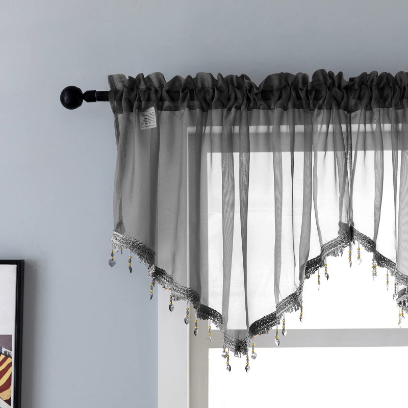 PearAge Beaded Sheer Valance Curtains for Living Room,Rod Pocket Farmhouse Window Valance, Bead Trim Tassel Voile Sheer Curtain Valance for Bedroom Bathroom Cafe 51x24 Inches (Black) 1PC - Image 1