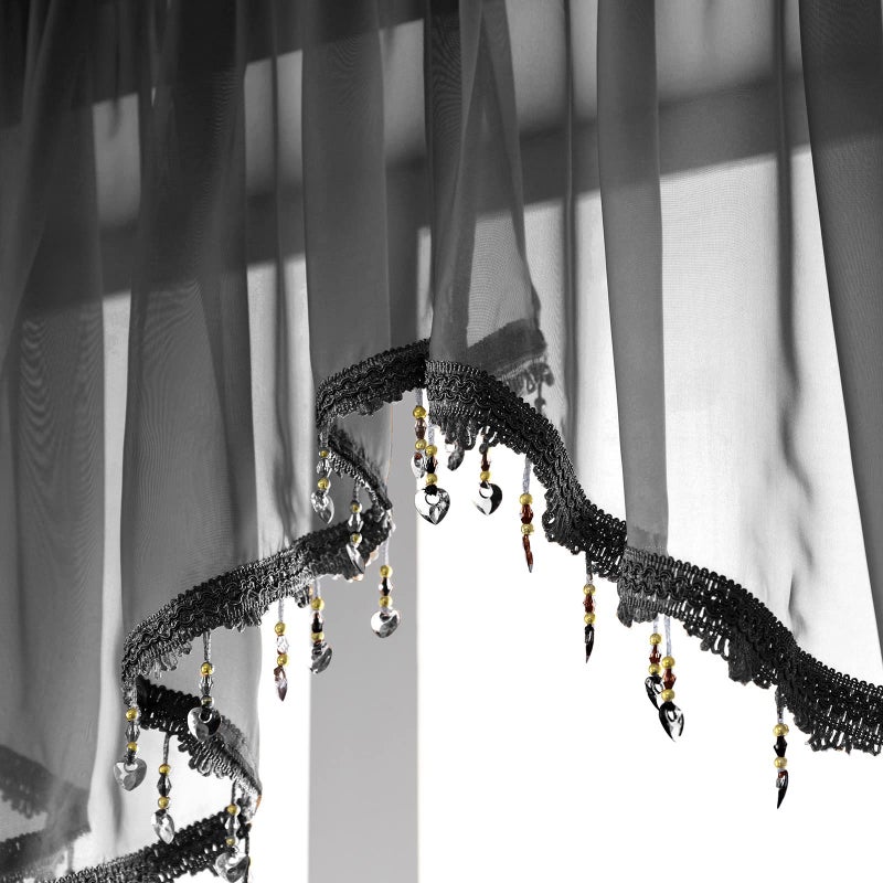 PearAge Beaded Sheer Valance Curtains for Living Room,Rod Pocket Farmhouse Window Valance, Bead Trim Tassel Voile Sheer Curtain Valance for Bedroom Bathroom Cafe 51x24 Inches (Black) 1PC - Image 5