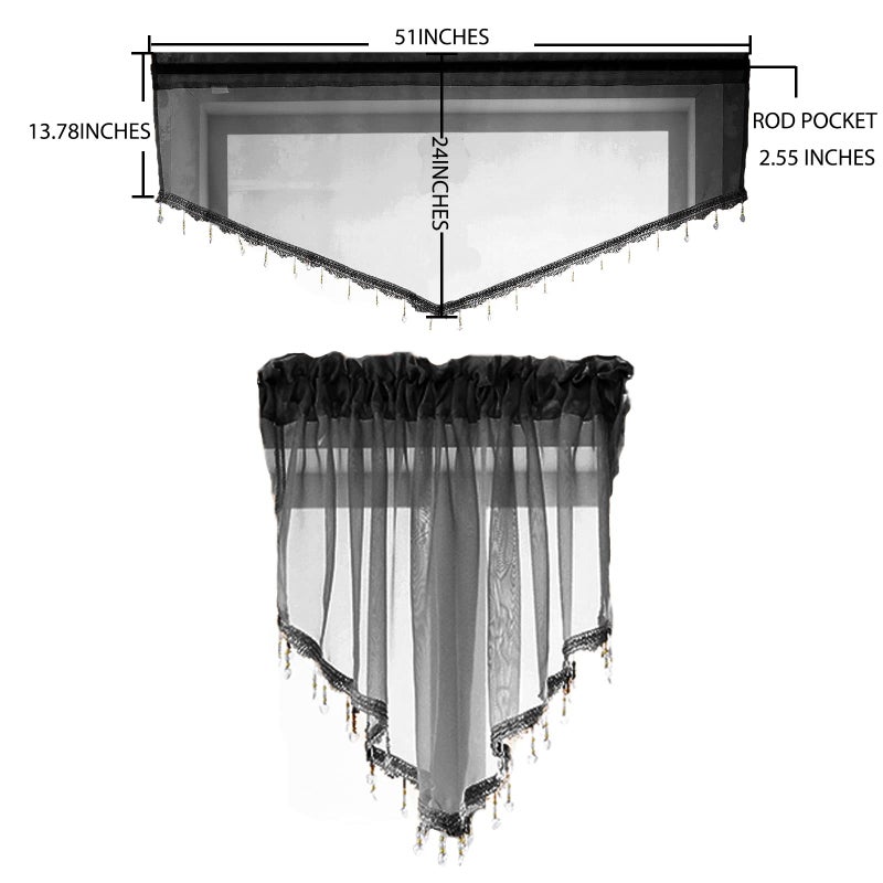 PearAge Beaded Sheer Valance Curtains for Living Room,Rod Pocket Farmhouse Window Valance, Bead Trim Tassel Voile Sheer Curtain Valance for Bedroom Bathroom Cafe 51x24 Inches (Black) 1PC - Image 4