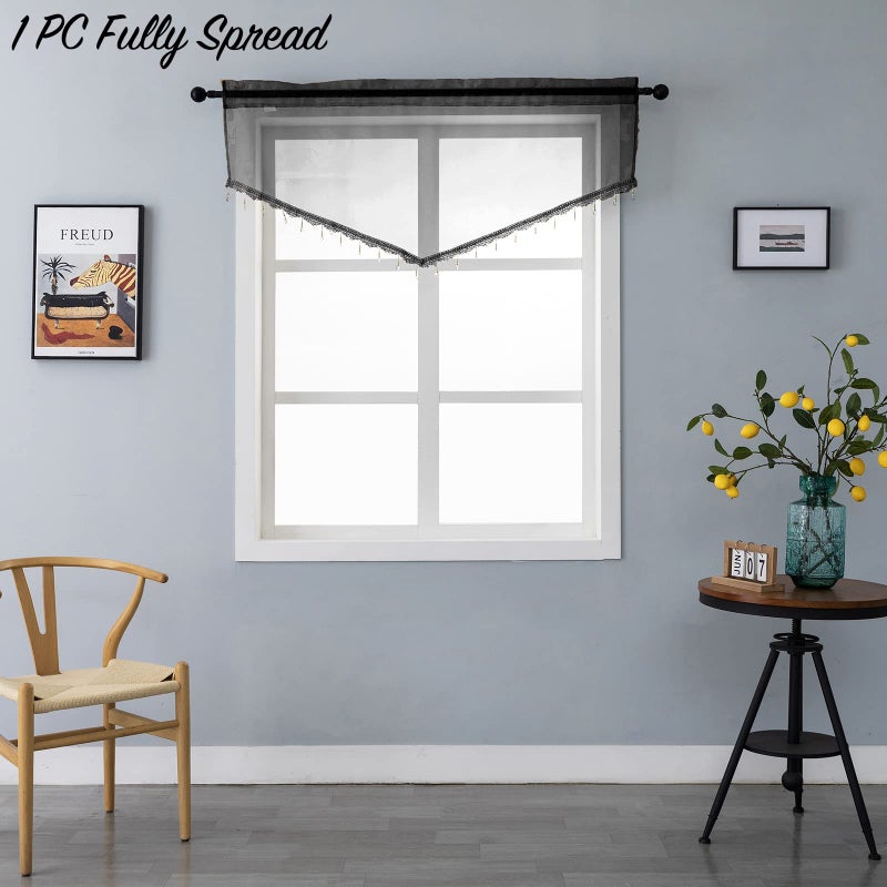 PearAge Beaded Sheer Valance Curtains for Living Room,Rod Pocket Farmhouse Window Valance, Bead Trim Tassel Voile Sheer Curtain Valance for Bedroom Bathroom Cafe 51x24 Inches (Black) 1PC - Image 3