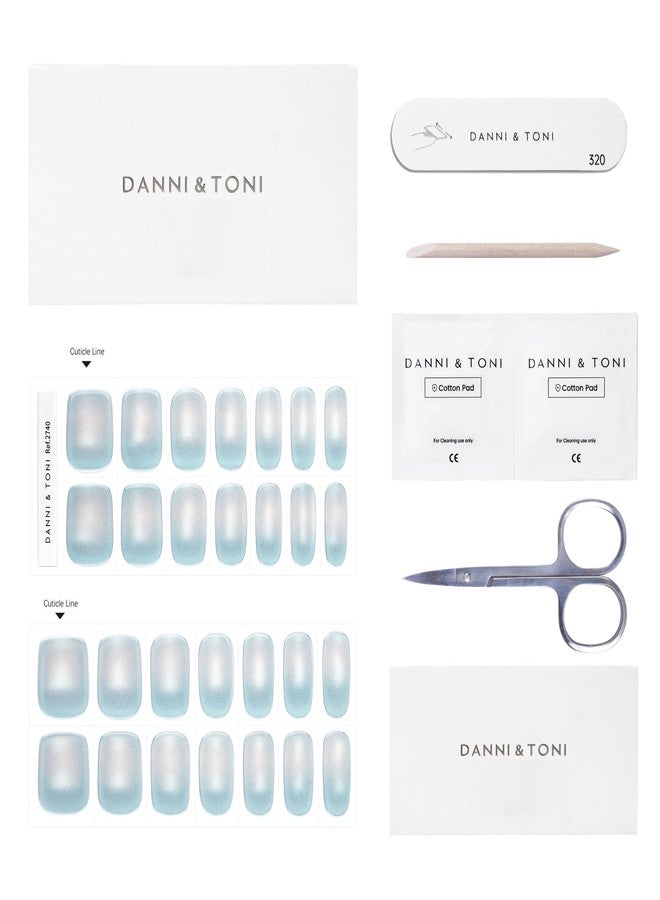 DANNI & TONI Semi Cured Gel Nail Strips Soft Blue Ombre (Ocean Crystal) Cat Eye Gel Nail Wraps 28 Stickers - Image 5