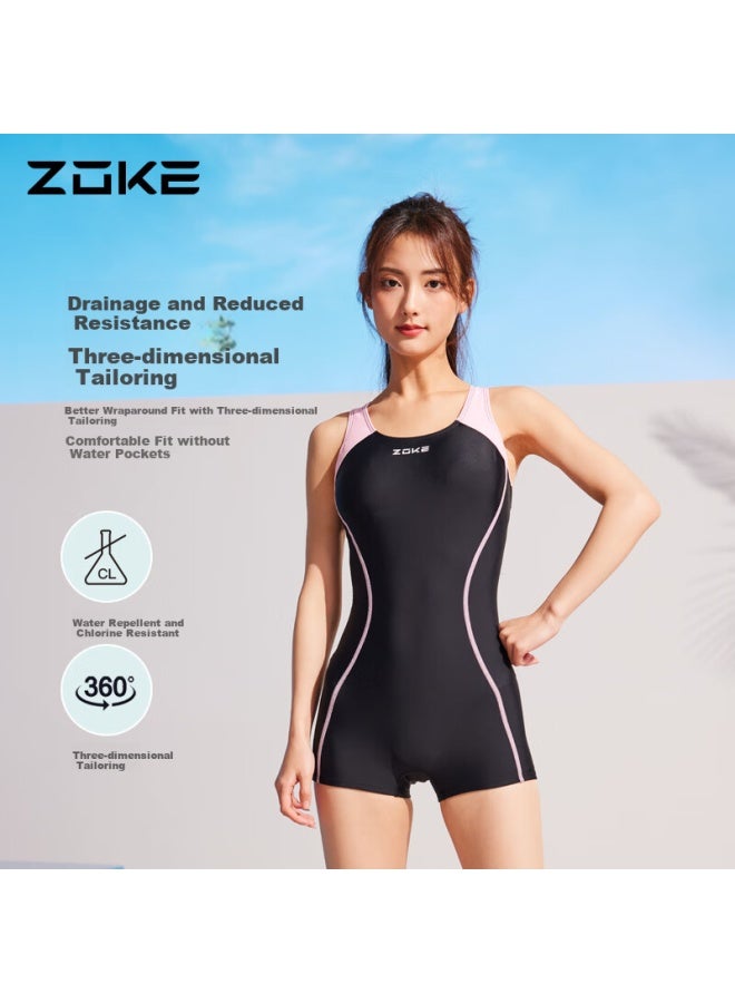 Zoke Women's One-piece Swimsuit Square Neck Sleeveless Slim Fit Ladies Swimwear 124601433-1 Black/light Pink L - Image 1