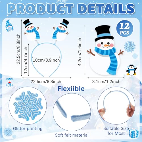 Oitnlaughter 12 Pcs Winter Party Headbands Christmas Snowflake Headbands Bulk Glitter Hair Bands Winter Wonderland Decorations Snowflake Snowman Penguin Felt Accessories Favors for Women Happy New Year Supply - Image 5