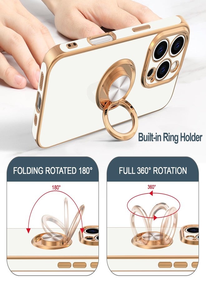 Hython for iPhone 16 Pro Case with Ring Stand, 360° Rotatable Ring Holder Magnetic Kickstand, Plating Rose Gold Edge Soft Cover Protective Phone Case for iPhone 16 Pro 6.3", White - Image 4