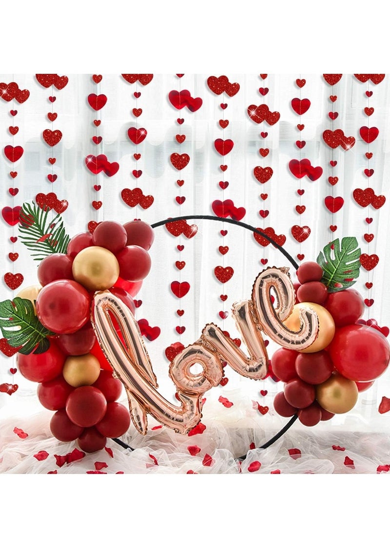 Red Heart Garland Metallic Glitter Hanging Streamer Banner for Anniversary Mother's Engagement Wedding Bridal Shower Bachelorette Hen Supplies