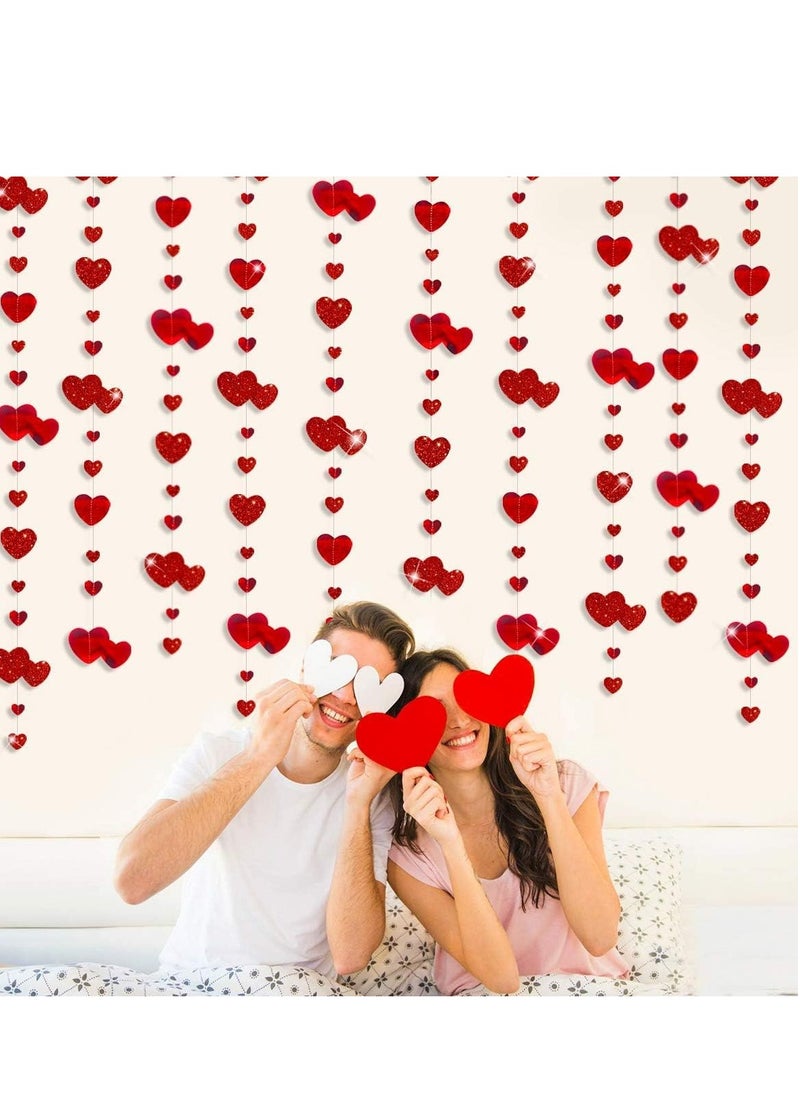 Red Heart Garland Metallic Glitter Hanging Streamer Banner for Anniversary Mother's Engagement Wedding Bridal Shower Bachelorette Hen Supplies