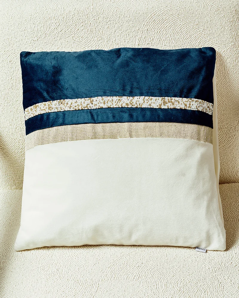 REDTAG Blue And Ivory Velvet Embroidered Cushion