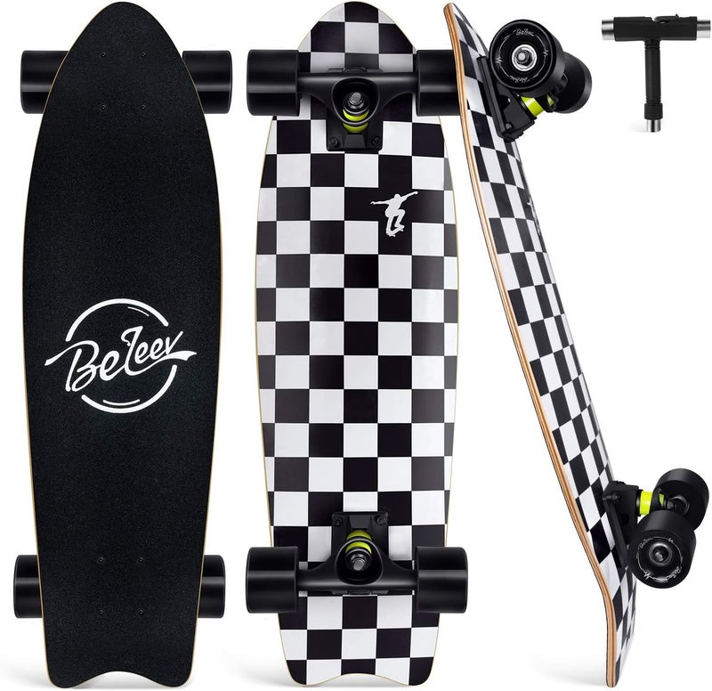 BELEEV Cruiser Skateboards for Beginners, 27 x 8 inch Complete Skateboard for Kids Teens Adults, 7 Ply Canadian Maple Double Kick Deck Concave Skateboard with Skate T-Tool - Image 1