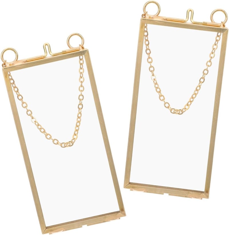Brass Hanging Flower Display Frame 5x10cm Vertical Double Glass Pressed Flower Picture Frames 2pcs European Style Wall and Tabletop Art Decor - Image 1