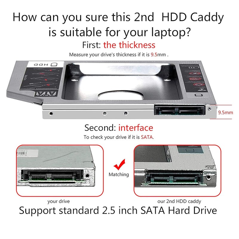 Storite حامل للقرص الصلب SSD و HDD، حامل القرص الصلب الثاني في فتحة الأقراص الضوئية، حامل 9.5 مم للكمبيوتر المحمول - Image 4