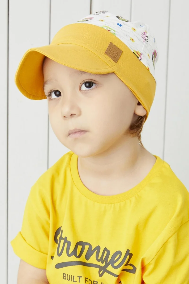 pierre cardin Mustard-White Patterned 100% Cotton Handmade Extra Soft Boys Girls Baby Kids 4 Season Combed Cotton Hat with Visor