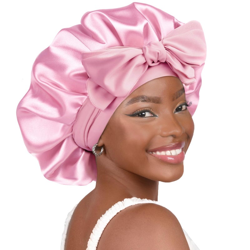 YANIBEST Silk Bonnet for Sleeping Women Adjustable Double Layer Satin Bonnet Reduce Friction Prevent Frizz Natural Curly Hair, Pink - Image 1