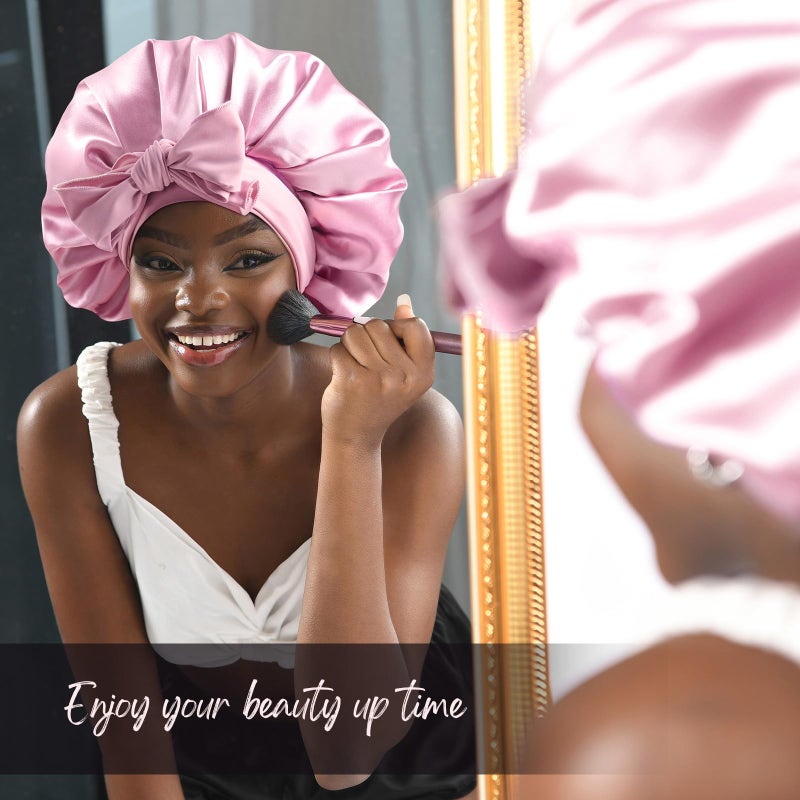 YANIBEST Silk Bonnet for Sleeping Women Adjustable Double Layer Satin Bonnet Reduce Friction Prevent Frizz Natural Curly Hair, Pink - Image 3