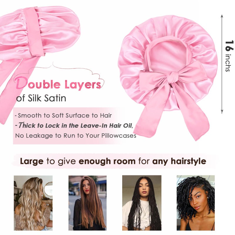 YANIBEST Silk Bonnet for Sleeping Women Adjustable Double Layer Satin Bonnet Reduce Friction Prevent Frizz Natural Curly Hair, Pink - Image 2