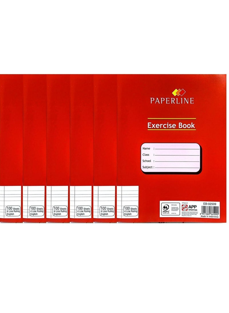 paperline دفتر تمارين مسطرة مكون من 6 قطع و4 أسطر باللغة الإنجليزية، 100 ورقة باللون الأحمر - Image 1