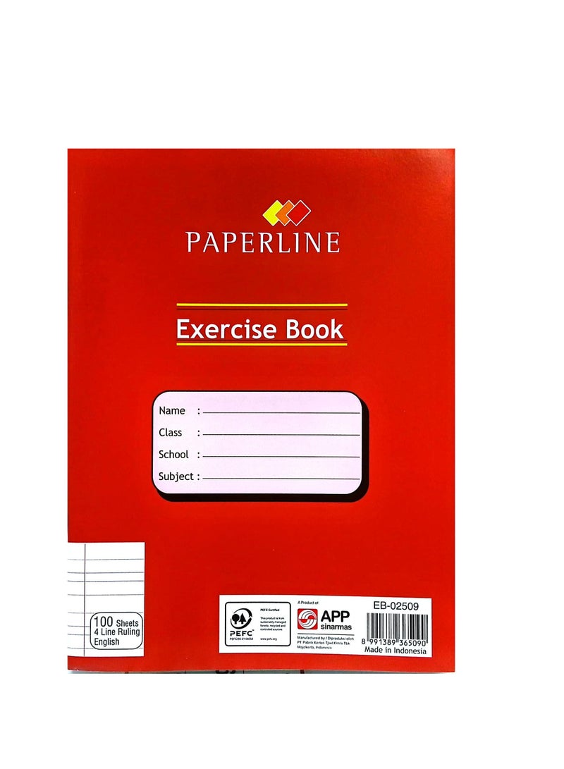 paperline دفتر تمارين مسطرة مكون من 6 قطع و4 أسطر باللغة الإنجليزية، 100 ورقة باللون الأحمر - Image 2