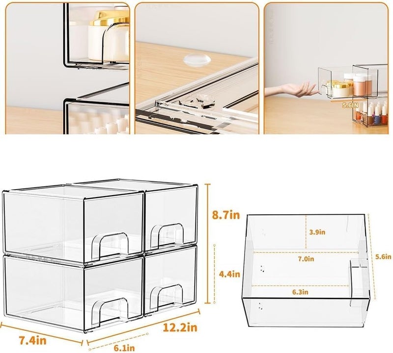 UREVO 4 Pack Clear Stackable Storage Drawers - 4.4'' Tall Acrylic Makeup Organizer - Image 3