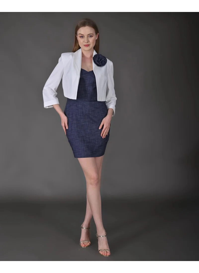 موداتاليكا Women's Rose Accessory Detailed Blazer Jacket and Mini Denim Dress