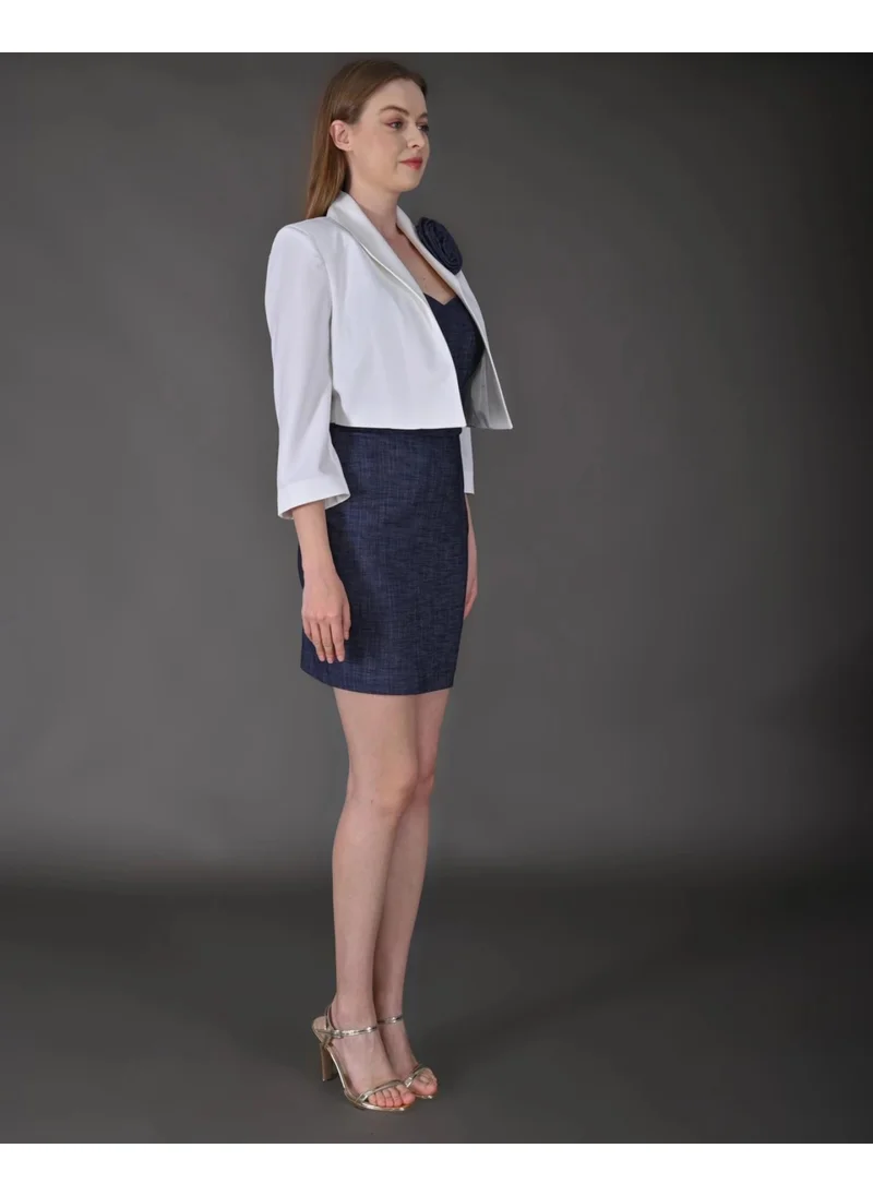 موداتاليكا Women's Rose Accessory Detailed Blazer Jacket and Mini Denim Dress