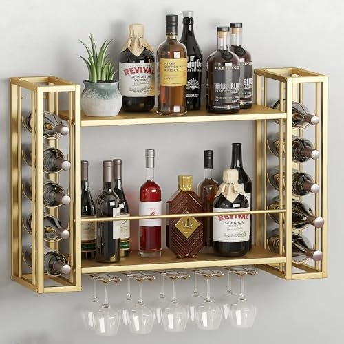 ZAOBAS Wall Mounted Wine Rack, Wine Rack Wall Mounted with Wine Glass Rack, 2-Tier Multi-Functional Shelf for Home Restaurant Bar Storage Rack (Gold, 31.5" W x 9.8" D x 21.6" H) - Image 1