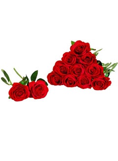 10 Pcs Artificial Flowers Realistic Rose Flower Bouquet Long Stems Faux Flowers Home Wedding Party Decor(Red)