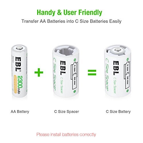 EBL C Size Battery Adapters, AA to C Size Battery Spacer Converter Case Use with Rechargeable AA Cells - 4 Pack - Image 2