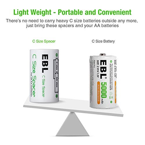 EBL C Size Battery Adapters, AA to C Size Battery Spacer Converter Case Use with Rechargeable AA Cells - 4 Pack - Image 5