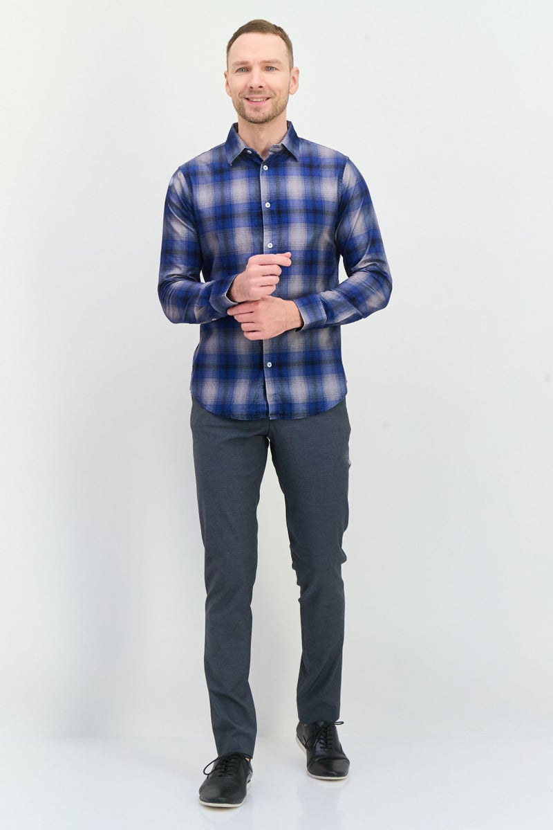 GAS قميص رجالي عادي بقصة مريحة بأكمام طويلة، مزخرف بمربعات، أزرق/أسود - Image 4