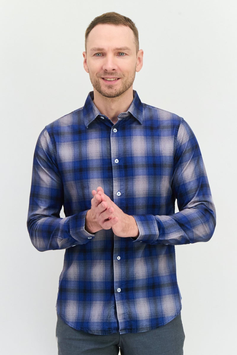 GAS قميص رجالي عادي بقصة مريحة بأكمام طويلة، مزخرف بمربعات، أزرق/أسود - Image 1