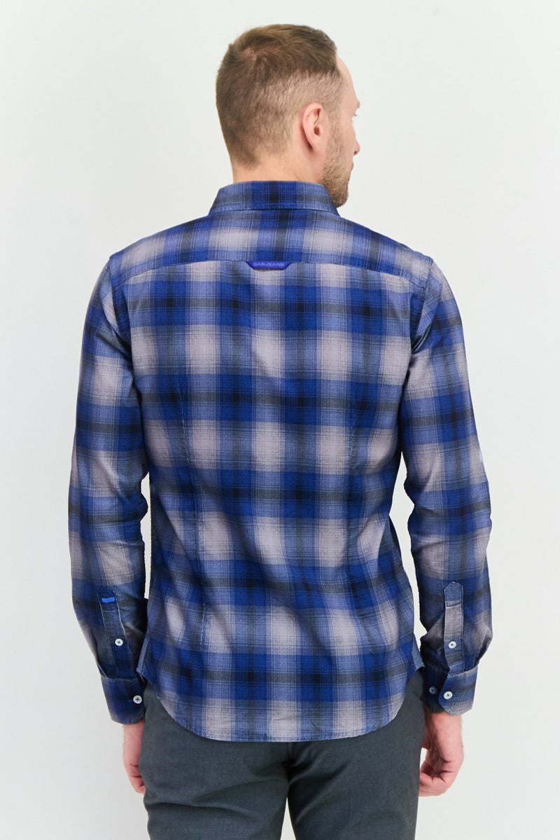 GAS قميص رجالي عادي بقصة مريحة بأكمام طويلة، مزخرف بمربعات، أزرق/أسود - Image 3