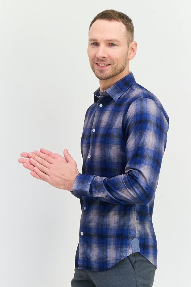 GAS قميص رجالي عادي بقصة مريحة بأكمام طويلة، مزخرف بمربعات، أزرق/أسود - Image 2