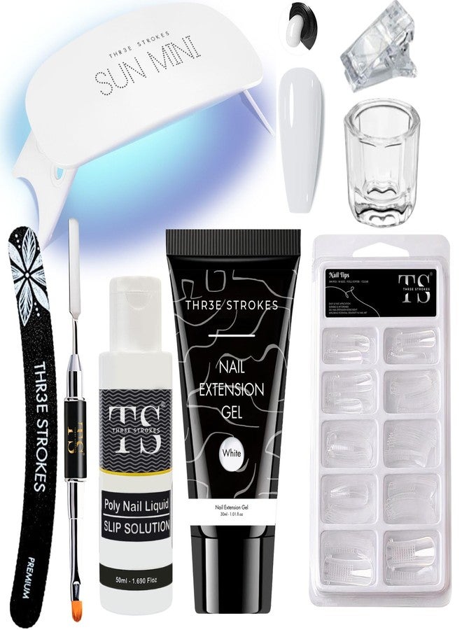 THR3E STROKES Poly Nail Gel Extension Kit With Slip Solution Uv Nail Lamp for Builder Gel UV Nail Art Kit Nail Extension Set {SSD KIT} (WHITE, 8 IN 1) - Image 1