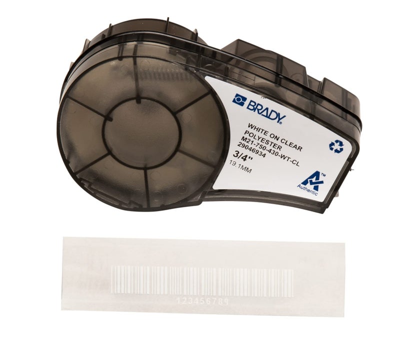 Brady Authentic (M21-750-430-WT-CL) Harsh Environment Polyester Label for Lab, Asset Tracking and Datacom, White on Clear- For M210, M210-LAB, M211, BMP21-PLUS and BMP21-LAB Printers, 0.75" W 21' L - Image 1