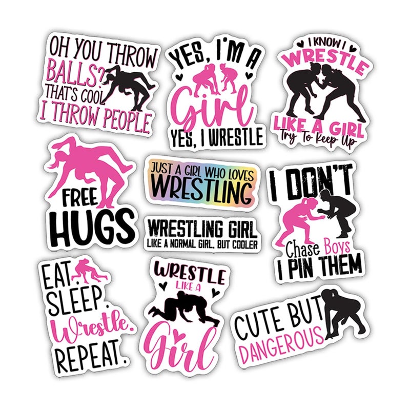 TAYTA (10pcs) Wrestling Stickers Sheet Funny Wrestle Gifts Sports Lover Wrestler Gifts Funny Multiple Different Design, Waterproof, UV- Resistant, Suitable for Tumbler, Laptop (Wrestling Girl) - Image 1