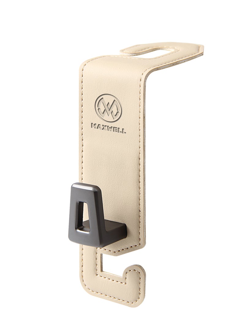 Maxwell Electronics Maxwell Car Headrest Hook Swift Hook for Back Organizer Suitable for Handbags Groceries Coat Compatible with all Automobile, Durable, Premium Leather, Easy installation, Foldable (Beige)  - Image 1