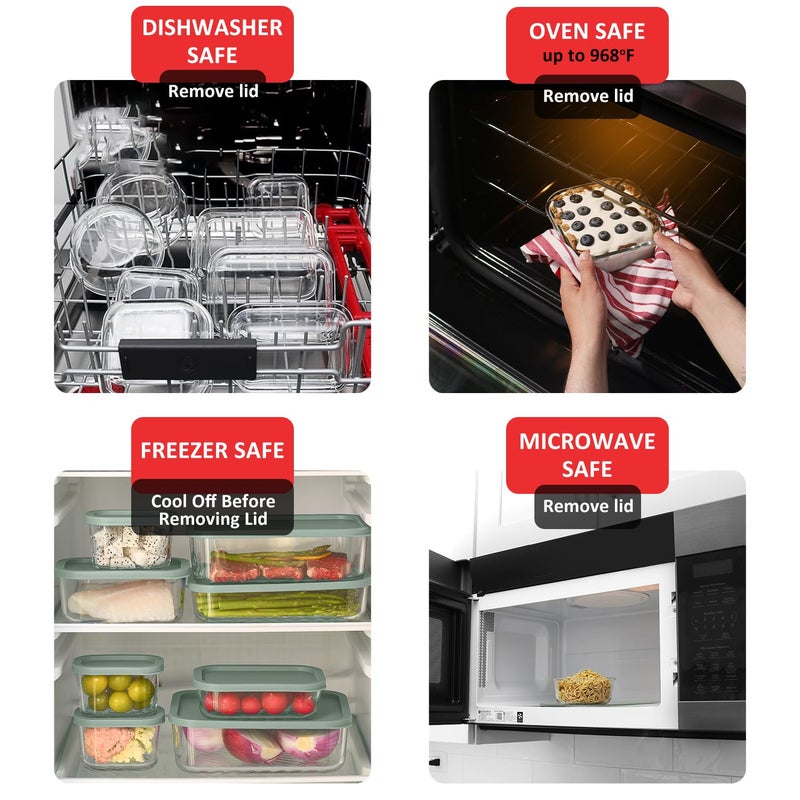 EATEX 7 Pack Glass Meal Prep Containers with Grooved Base, 7 Stackable BPA Free Glass Storage Containers with Lids for Lunch, Pantry, and Kitchen - Microwave, Dishwasher Freezer & Oven Safe - Sage - Image 3