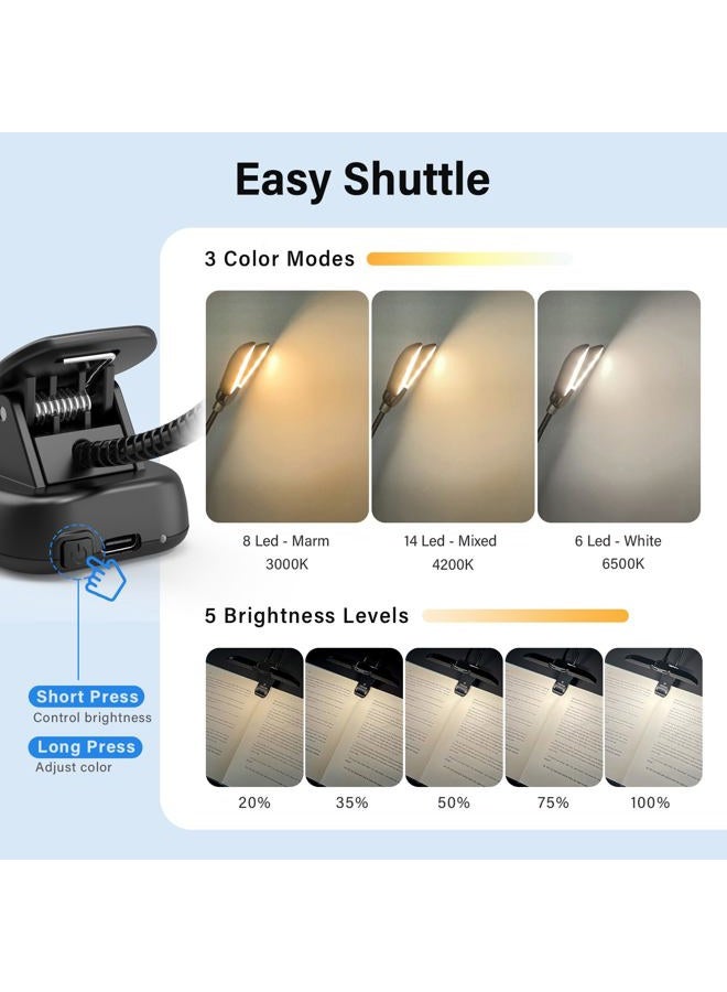 Vekkia 14 LED Rechargeable Book-Light for Reading at Night in Bed,Warm/White Reading Light with Clamp,180°Adjustable Mini Clip on Light,Lightweight Eye Care Book Light Perfect for Readers & Kids - Image 3