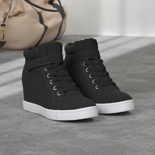 Athlefit Women's Lace Up Wedge Sneakers High Top Fashion Sneakers Ankle Booties Size 10 Black - Image 2