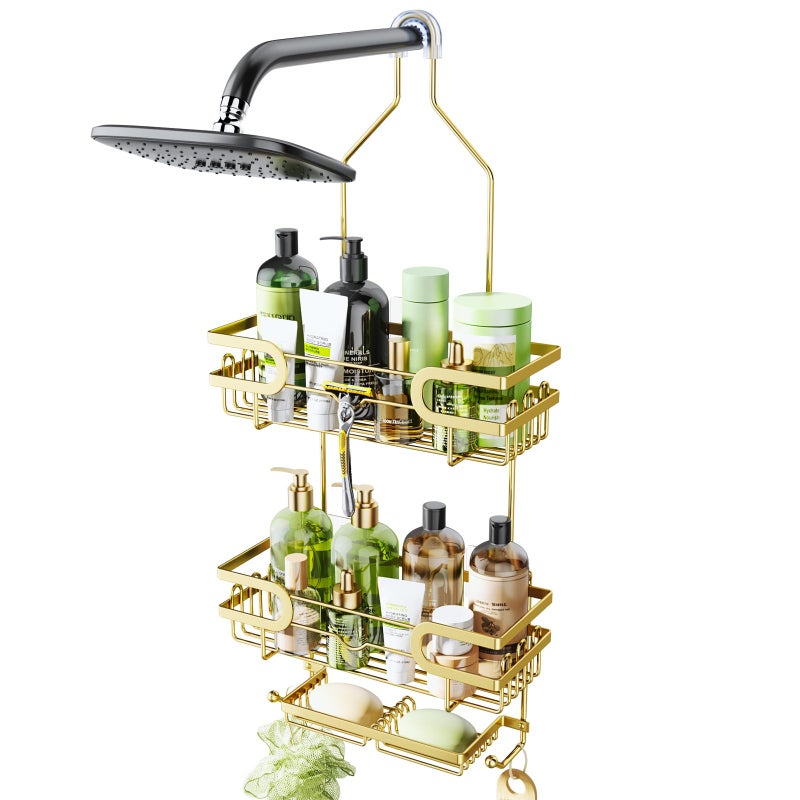 HapiRm Shower Caddy over Shower Head with 2 Soap Holders Rustproof  Waterproof Hanging Bathroom Organizer with 12 Hooks No Drilling Hanging Bathroom Caddy  Gold