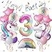 Heukikt Pastel Rainbow Unicorn 3rd Birthday Party Decorations Pink Purple Balloon with Large Unicorn Helium Balloons for Girl Birthday Party Garden Fairy Theme Spring Decor number 3 set - Image 3