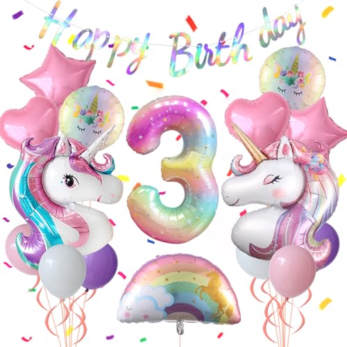 Heukikt Pastel Rainbow Unicorn 3rd Birthday Party Decorations Pink Purple Balloon with Large Unicorn Helium Balloons for Girl Birthday Party Garden Fairy Theme Spring Decor number 3 set - Image 1