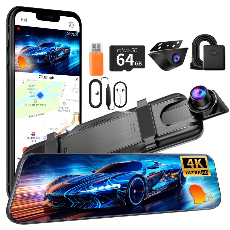 QOZ Mirror Dual Dash Camera,4K and 2.5K Dash Cam with Voice Control Rear View Mirror Camera and WiFi,GPS Dashcam for Cars with WDR Night Vision, G-Sensor, 24 Parking Monitor ABS (Include 64GB Card) - Image 1