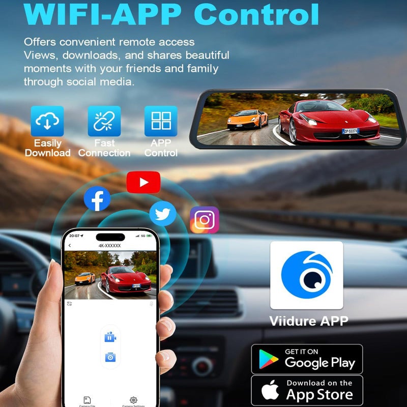 QOZ Mirror Dual Dash Camera,4K and 2.5K Dash Cam with Voice Control Rear View Mirror Camera and WiFi,GPS Dashcam for Cars with WDR Night Vision, G-Sensor, 24 Parking Monitor ABS (Include 64GB Card) - Image 2